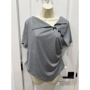 Gray Ribbed Knit Asymmetrical Neck Top with Black Bows and Side Ruching Mens L